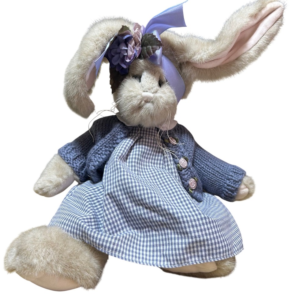 Bearington Collection Plush Rabbit Blue Gingham Dress Cardigan Cottagecore Bunny